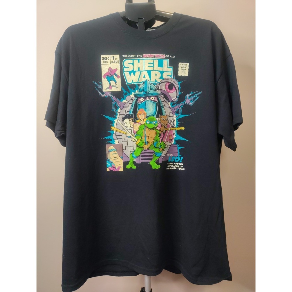 Gildan Men Black Ninja Mutant Turtles Shell Wars Vinyl Print Tshirt Size XL